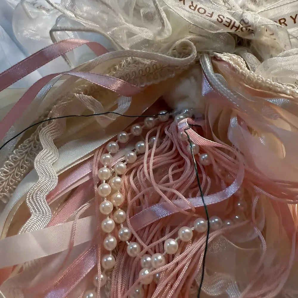 VTG Porcelain Angel Christmas Ornament Cream Pink Pearl Lace Feathers Ribbon 12”